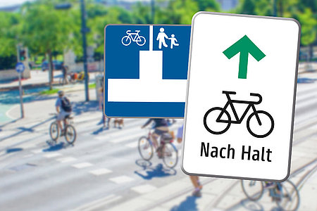 Neue Verkehrszeichen rechts abbiegen bei rot fahrrad und sackgasse mit Durchfahr- bzw. Durgehmöglichkeit
