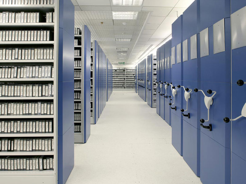 Archive Shelving of the BBC London, with blue end panels