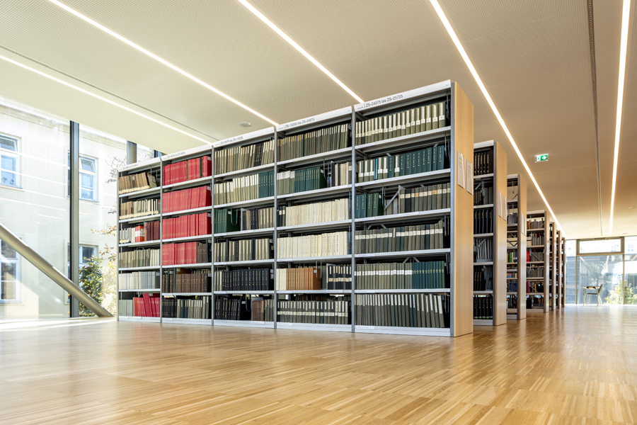 Library shelves with wooden covering